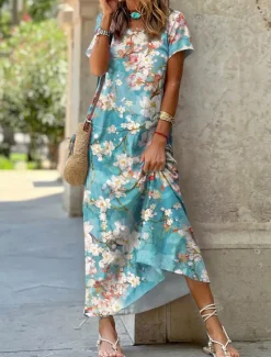 Best Women's Maxi Dress Casual Dress Shift Dress Floral Leaf Pocket Split Crew Neck Long Dress Date Vacation Short Sleeve Summer Spring Women Spring Dresses|T Shirt Dresses