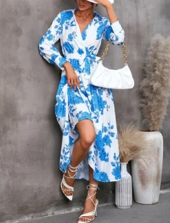 Clearance Women's Maxi Dress Casual Dress Wrap Dress A Line Dress Stylish Casual Vacation Daily Regular Fit Floral Long Sleeve V Neck Yellow Blue Summer Women Spring Dresses