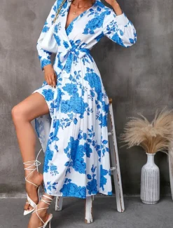 Clearance Women's Maxi Dress Casual Dress Wrap Dress A Line Dress Stylish Casual Vacation Daily Regular Fit Floral Long Sleeve V Neck Yellow Blue Summer Women Spring Dresses