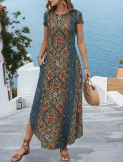 Outlet Women's Maxi Dress Casual Dress Vintage Vacation Regular Fit Paisley Short Sleeve Crew Neck Black Navy Blue Blue Green Summer Women Spring Dresses