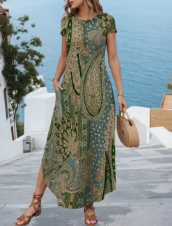 Outlet Women's Maxi Dress Casual Dress Vintage Vacation Regular Fit Paisley Short Sleeve Crew Neck Black Navy Blue Blue Green Summer Women Spring Dresses