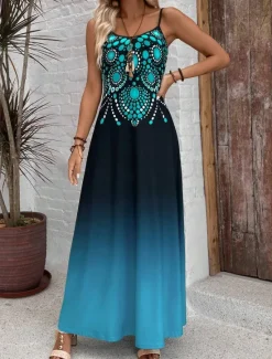 Online Women's Maxi Dress Casual Dress A Line Dress Summer Dress Slip Dress Vacation Vintage Ethnic Daily Regular Fit Ombre Graphic Sleeveless V Neck Summer Spring Women Sundresses