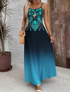 Online Women's Maxi Dress Casual Dress A Line Dress Summer Dress Slip Dress Vacation Vintage Ethnic Daily Regular Fit Ombre Graphic Sleeveless V Neck Summer Spring Women Sundresses