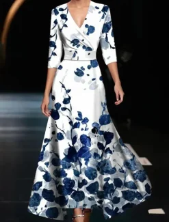 Sale Women's Maxi Dress Casual Dress Swing Dress A Line Dress Casual Daily Regular Fit Floral 3/4 Length Sleeve V Neck White Champagne Red Spring Fall Women Spring Dresses|Floral Dresses