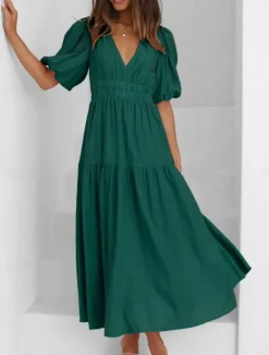 Best Women's Maxi Dress Casual Dress A Line Dress Stylish Basic Casual Vacation Daily Regular Fit Plain Half Sleeve V Neck Green Beige Summer Spring Women Cocktail Dress