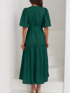 Best Women's Maxi Dress Casual Dress A Line Dress Stylish Basic Casual Vacation Daily Regular Fit Plain Half Sleeve V Neck Green Beige Summer Spring Women Cocktail Dress