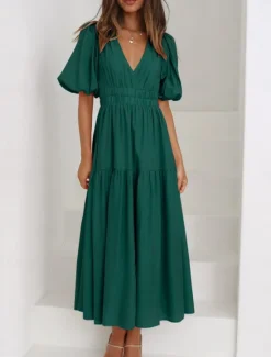 Best Women's Maxi Dress Casual Dress A Line Dress Stylish Basic Casual Vacation Daily Regular Fit Plain Half Sleeve V Neck Green Beige Summer Spring Women Cocktail Dress