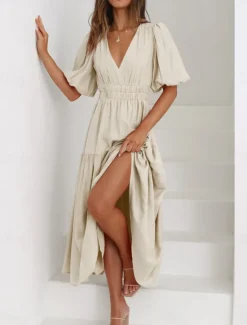 Best Women's Maxi Dress Casual Dress A Line Dress Stylish Basic Casual Vacation Daily Regular Fit Plain Half Sleeve V Neck Green Beige Summer Spring Women Cocktail Dress