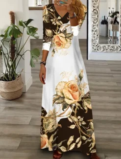 Hot Women's Maxi Dress Casual Dress Floral Print V Neck Maxi long Dress Casual Daily Vacation 3/4 Length Sleeve Summer Spring Women Spring Dresses|Casual Dress