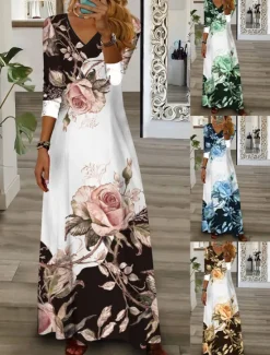 Hot Women's Maxi Dress Casual Dress Floral Print V Neck Maxi long Dress Casual Daily Vacation 3/4 Length Sleeve Summer Spring Women Spring Dresses|Casual Dress
