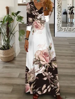 Hot Women's Maxi Dress Casual Dress Floral Print V Neck Maxi long Dress Casual Daily Vacation 3/4 Length Sleeve Summer Spring Women Spring Dresses|Casual Dress