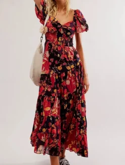 Online Women's Maxi Dress Casual Dress Swing Dress A Line Dress Boho Dress Bohemia Vintage Casual Vacation Daily Regular Fit Floral Short Sleeve V Neck Red Orange Beige Spring Fall Women Spring Dresses