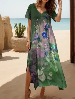 Outlet Women's Maxi Dress Casual Dress Sundress A Line Dress Elegant Vacation Casual Beach Regular Fit Ombre Floral Graphic Short Sleeve V Neck Red Blue Purple Green Summer Spring Women Vacation Dresses