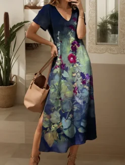 Outlet Women's Maxi Dress Casual Dress Sundress A Line Dress Elegant Vacation Casual Beach Regular Fit Ombre Floral Graphic Short Sleeve V Neck Red Blue Purple Green Summer Spring Women Vacation Dresses