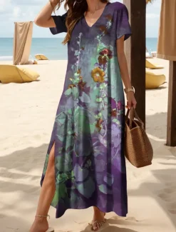 Outlet Women's Maxi Dress Casual Dress Sundress A Line Dress Elegant Vacation Casual Beach Regular Fit Ombre Floral Graphic Short Sleeve V Neck Red Blue Purple Green Summer Spring Women Vacation Dresses