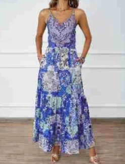 Sale Women's Maxi Dress Casual Dress A Line Dress Slip Dress Boho Dress Bohemia Casual Boho Vacation Daily Regular Fit Floral Sleeveless Strap Blue Green Summer Women Floral Dresses