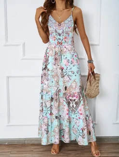 Sale Women's Maxi Dress Casual Dress A Line Dress Slip Dress Boho Dress Bohemia Casual Boho Vacation Daily Regular Fit Floral Sleeveless Strap Blue Green Summer Women Floral Dresses