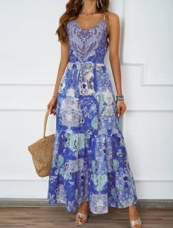 Sale Women's Maxi Dress Casual Dress A Line Dress Slip Dress Boho Dress Bohemia Casual Boho Vacation Daily Regular Fit Floral Sleeveless Strap Blue Green Summer Women Floral Dresses
