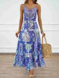 Sale Women's Maxi Dress Casual Dress A Line Dress Slip Dress Boho Dress Bohemia Casual Boho Vacation Daily Regular Fit Floral Sleeveless Strap Blue Green Summer Women Floral Dresses