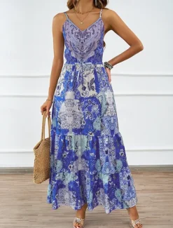 Sale Women's Maxi Dress Casual Dress A Line Dress Slip Dress Boho Dress Bohemia Casual Boho Vacation Daily Regular Fit Floral Sleeveless Strap Blue Green Summer Women Floral Dresses