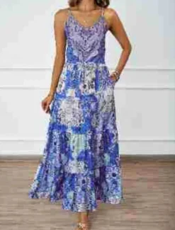Sale Women's Maxi Dress Casual Dress A Line Dress Slip Dress Boho Dress Bohemia Casual Boho Vacation Daily Regular Fit Floral Sleeveless Strap Blue Green Summer Women Floral Dresses