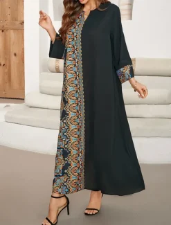 Women's Maxi Dress Casual Dress Kaftan Dress Boho Dress Casual Daily Regular Fit Geometric 3/4 Length Sleeve Notched Neck Spring Fall Women Floral Dresses