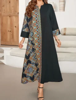 Women's Maxi Dress Casual Dress Kaftan Dress Boho Dress Casual Daily Regular Fit Geometric 3/4 Length Sleeve Notched Neck Spring Fall Women Floral Dresses