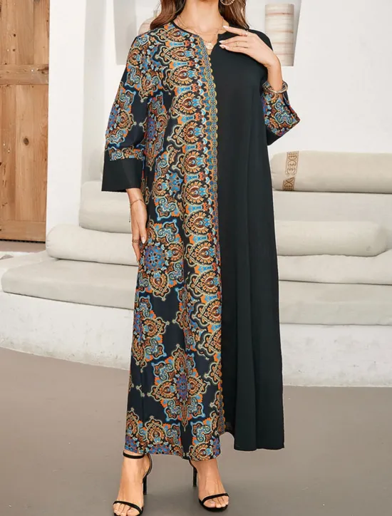 Women's Maxi Dress Casual Dress Kaftan Dress Boho Dress Casual Daily Regular Fit Geometric 3/4 Length Sleeve Notched Neck Spring Fall Women Floral Dresses