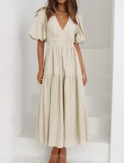 Outlet Women's Maxi Dress Casual Dress Swing Dress Basic Casual Vacation Daily Regular Fit Plain Short Sleeve V Neck Black Green Apricot Light Blue Summer Women Work Dresses