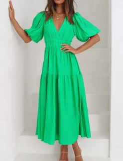 Outlet Women's Maxi Dress Casual Dress Swing Dress Basic Casual Vacation Daily Regular Fit Plain Short Sleeve V Neck Black Green Apricot Light Blue Summer Women Work Dresses
