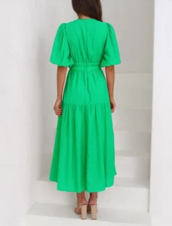 Outlet Women's Maxi Dress Casual Dress Swing Dress Basic Casual Vacation Daily Regular Fit Plain Short Sleeve V Neck Black Green Apricot Light Blue Summer Women Work Dresses
