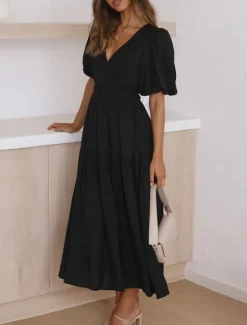Outlet Women's Maxi Dress Casual Dress Swing Dress Basic Casual Vacation Daily Regular Fit Plain Short Sleeve V Neck Black Green Apricot Light Blue Summer Women Work Dresses
