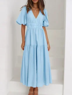 Outlet Women's Maxi Dress Casual Dress Swing Dress Basic Casual Vacation Daily Regular Fit Plain Short Sleeve V Neck Black Green Apricot Light Blue Summer Women Work Dresses