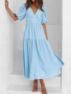Outlet Women's Maxi Dress Casual Dress Swing Dress Basic Casual Vacation Daily Regular Fit Plain Short Sleeve V Neck Black Green Apricot Light Blue Summer Women Work Dresses