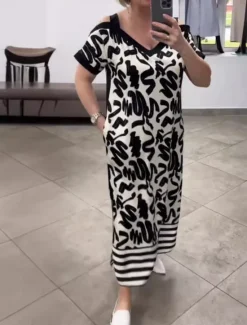 Sale Women's Maxi Dress Casual Dress A Line Dress Stylish Casual Vacation Daily Regular Fit Graphic Letter Short Sleeve V Neck Black White Summer Women Casual Dress