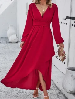 Hot Women's Maxi Dress Casual Dress Cocktail Dress Wedding Guest Dress Chiffon Dress Elegant Maxi Casual Work Street Holiday Regular Fit Long Sleeve V Neck Black Red Navy Blue Green Fall Women Cocktail Dress