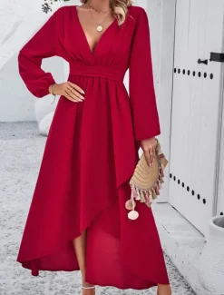 Hot Women's Maxi Dress Casual Dress Cocktail Dress Wedding Guest Dress Chiffon Dress Elegant Maxi Casual Work Street Holiday Regular Fit Long Sleeve V Neck Black Red Navy Blue Green Fall Women Cocktail Dress
