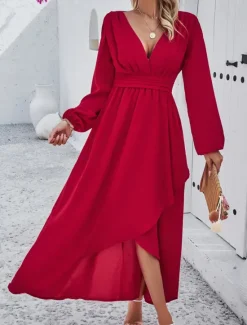 Hot Women's Maxi Dress Casual Dress Cocktail Dress Wedding Guest Dress Chiffon Dress Elegant Maxi Casual Work Street Holiday Regular Fit Long Sleeve V Neck Black Red Navy Blue Green Fall Women Cocktail Dress