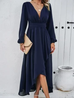 Hot Women's Maxi Dress Casual Dress Cocktail Dress Wedding Guest Dress Chiffon Dress Elegant Maxi Casual Work Street Holiday Regular Fit Long Sleeve V Neck Black Red Navy Blue Green Fall Women Cocktail Dress