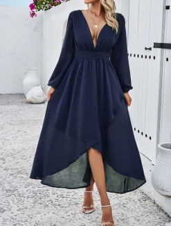 Hot Women's Maxi Dress Casual Dress Cocktail Dress Wedding Guest Dress Chiffon Dress Elegant Maxi Casual Work Street Holiday Regular Fit Long Sleeve V Neck Black Red Navy Blue Green Fall Women Cocktail Dress