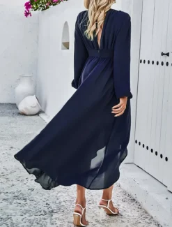 Hot Women's Maxi Dress Casual Dress Cocktail Dress Wedding Guest Dress Chiffon Dress Elegant Maxi Casual Work Street Holiday Regular Fit Long Sleeve V Neck Black Red Navy Blue Green Fall Women Cocktail Dress