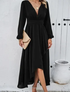 Hot Women's Maxi Dress Casual Dress Cocktail Dress Wedding Guest Dress Chiffon Dress Elegant Maxi Casual Work Street Holiday Regular Fit Long Sleeve V Neck Black Red Navy Blue Green Fall Women Cocktail Dress