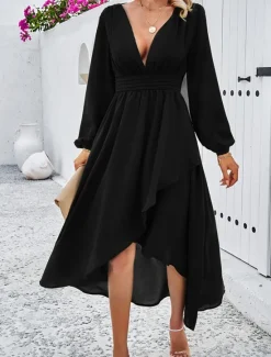 Hot Women's Maxi Dress Casual Dress Cocktail Dress Wedding Guest Dress Chiffon Dress Elegant Maxi Casual Work Street Holiday Regular Fit Long Sleeve V Neck Black Red Navy Blue Green Fall Women Cocktail Dress