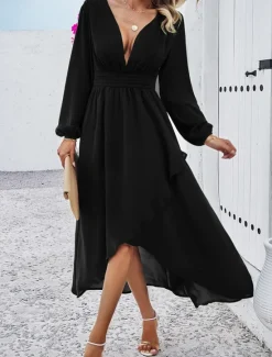 Hot Women's Maxi Dress Casual Dress Cocktail Dress Wedding Guest Dress Chiffon Dress Elegant Maxi Casual Work Street Holiday Regular Fit Long Sleeve V Neck Black Red Navy Blue Green Fall Women Cocktail Dress