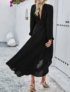 Hot Women's Maxi Dress Casual Dress Cocktail Dress Wedding Guest Dress Chiffon Dress Elegant Maxi Casual Work Street Holiday Regular Fit Long Sleeve V Neck Black Red Navy Blue Green Fall Women Cocktail Dress