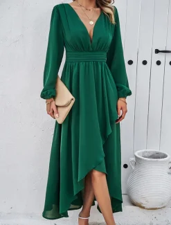 Hot Women's Maxi Dress Casual Dress Cocktail Dress Wedding Guest Dress Chiffon Dress Elegant Maxi Casual Work Street Holiday Regular Fit Long Sleeve V Neck Black Red Navy Blue Green Fall Women Cocktail Dress