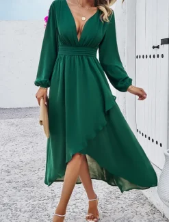 Hot Women's Maxi Dress Casual Dress Cocktail Dress Wedding Guest Dress Chiffon Dress Elegant Maxi Casual Work Street Holiday Regular Fit Long Sleeve V Neck Black Red Navy Blue Green Fall Women Cocktail Dress