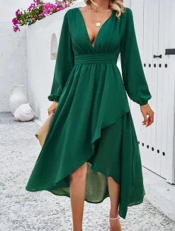 Hot Women's Maxi Dress Casual Dress Cocktail Dress Wedding Guest Dress Chiffon Dress Elegant Maxi Casual Work Street Holiday Regular Fit Long Sleeve V Neck Black Red Navy Blue Green Fall Women Cocktail Dress
