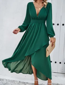Hot Women's Maxi Dress Casual Dress Cocktail Dress Wedding Guest Dress Chiffon Dress Elegant Maxi Casual Work Street Holiday Regular Fit Long Sleeve V Neck Black Red Navy Blue Green Fall Women Cocktail Dress