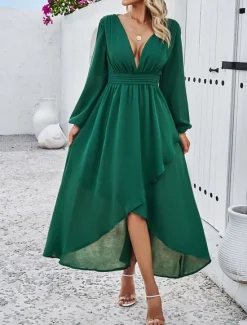 Hot Women's Maxi Dress Casual Dress Cocktail Dress Wedding Guest Dress Chiffon Dress Elegant Maxi Casual Work Street Holiday Regular Fit Long Sleeve V Neck Black Red Navy Blue Green Fall Women Cocktail Dress